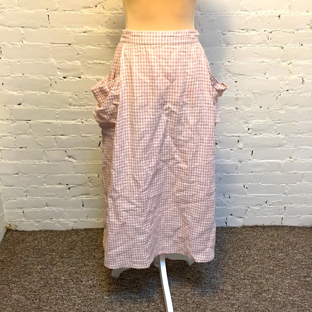 NWT Lintico linen blend midi skirt big pockets pink check m